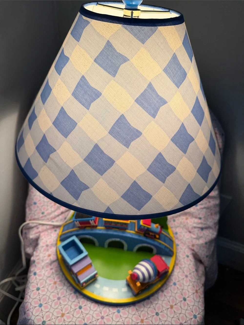 Vintage Blue and White Checkered Kids Train Table Lamp